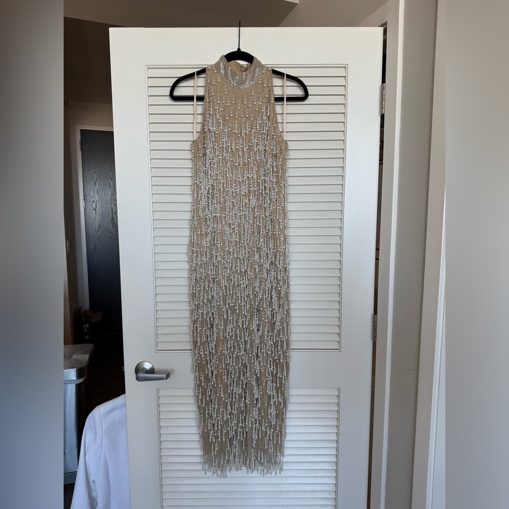 Karen Millen Pearl Tassel Embellished Halter Neck Woven Midi Dress